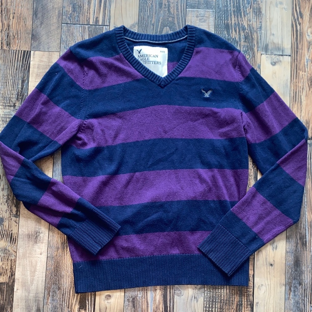 American Eagle Outfitters Men's V-Neck Sweater in Purple and Black